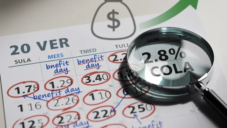 Calendar with highlighted dates for Social Security COLA adjustment and benefit disbursements.