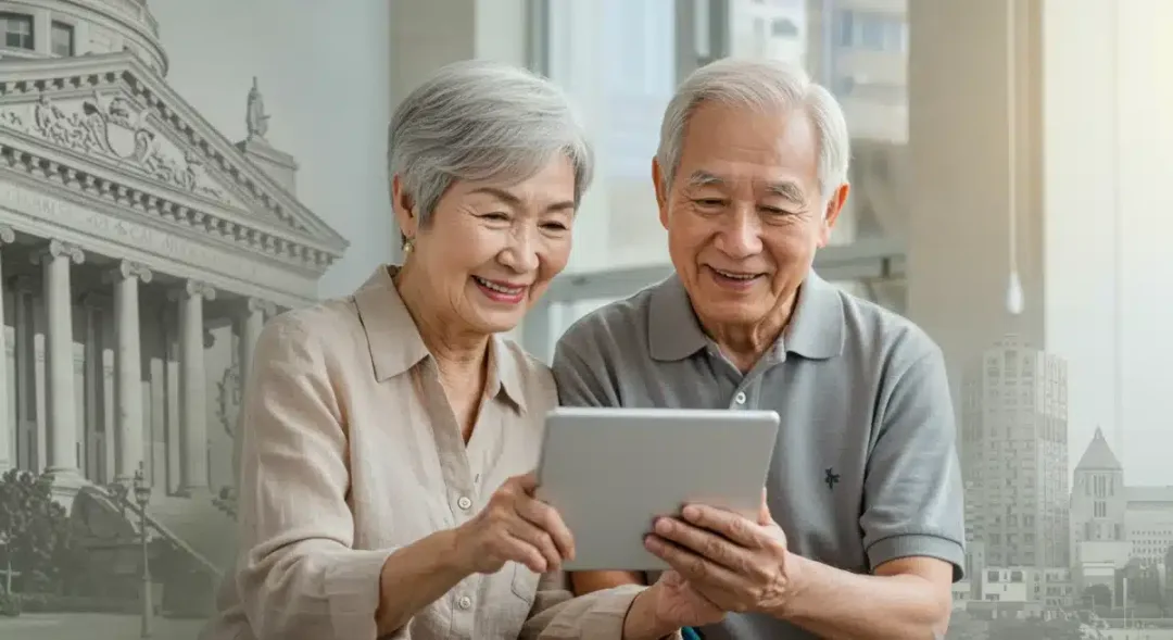 Smiling senior couple reviewing retirement finances on a tablet, symbolizing Social Security COLA impact.