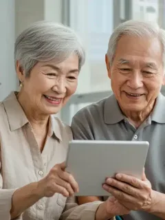 Smiling senior couple reviewing retirement finances on a tablet, symbolizing Social Security COLA impact.