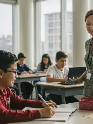 Students and teacher in a modern classroom benefiting from education funding.
