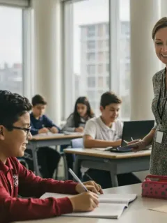 Students and teacher in a modern classroom benefiting from education funding.