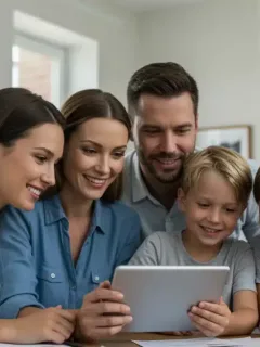 Happy family reviewing Child Tax Credit information on a tablet