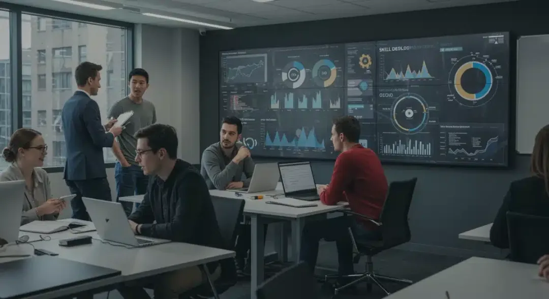 Students and professionals collaborating in a modern classroom, bridging skill gaps in the US workforce.