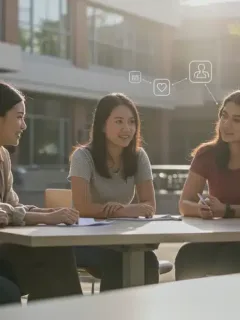 Students discussing mental health support on a US university campus