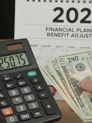 Hands calculating a 3.2% increase on monthly payments for SSI 2026.