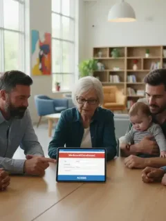 Diverse individuals reviewing Medicaid enrollment forms on a tablet.