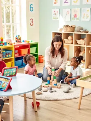 Children learning in a modern preschool classroom with educational technology