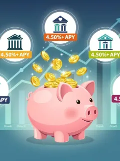 Illustration of top banks offering high-yield savings accounts with over 4.50% APY in 2026, featuring bank logos and financial growth.