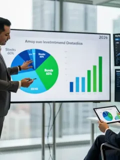 Financial advisor discussing 60/40 stock-bond portfolio allocation with a client