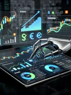 Futuristic interface with financial data and robot hand for automated investing