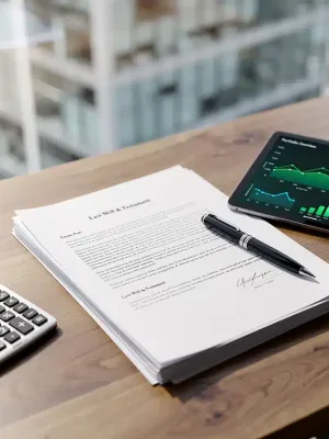 Detailed documents and financial tools laid out for comprehensive estate planning in 2026