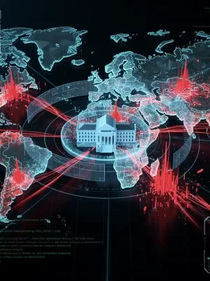 Illustration of global cyber warfare targeting a federal building, symbolizing cybersecurity threats in 2026 and state-sponsored attacks.