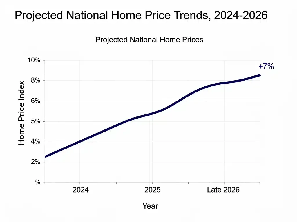 Graph showing projected national home price trends towards a 7% shift by late 2026, illustrating the Housing Market Outlook for Late 2026.