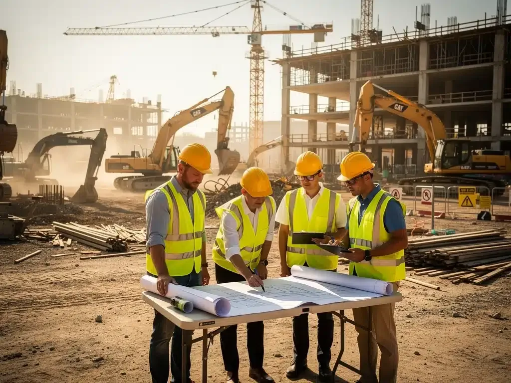Construction workers reviewing blueprints on a large infrastructure project site