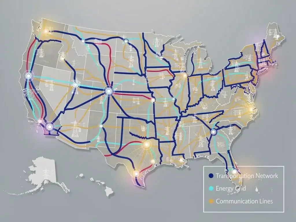 Digital map showing interconnected US infrastructure networks and energy grids