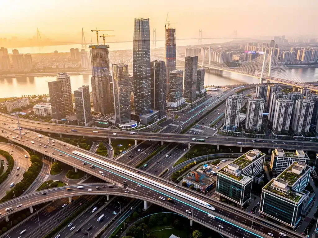 Modern urban infrastructure with highways and rail, representing the National Infrastructure Plan 2026