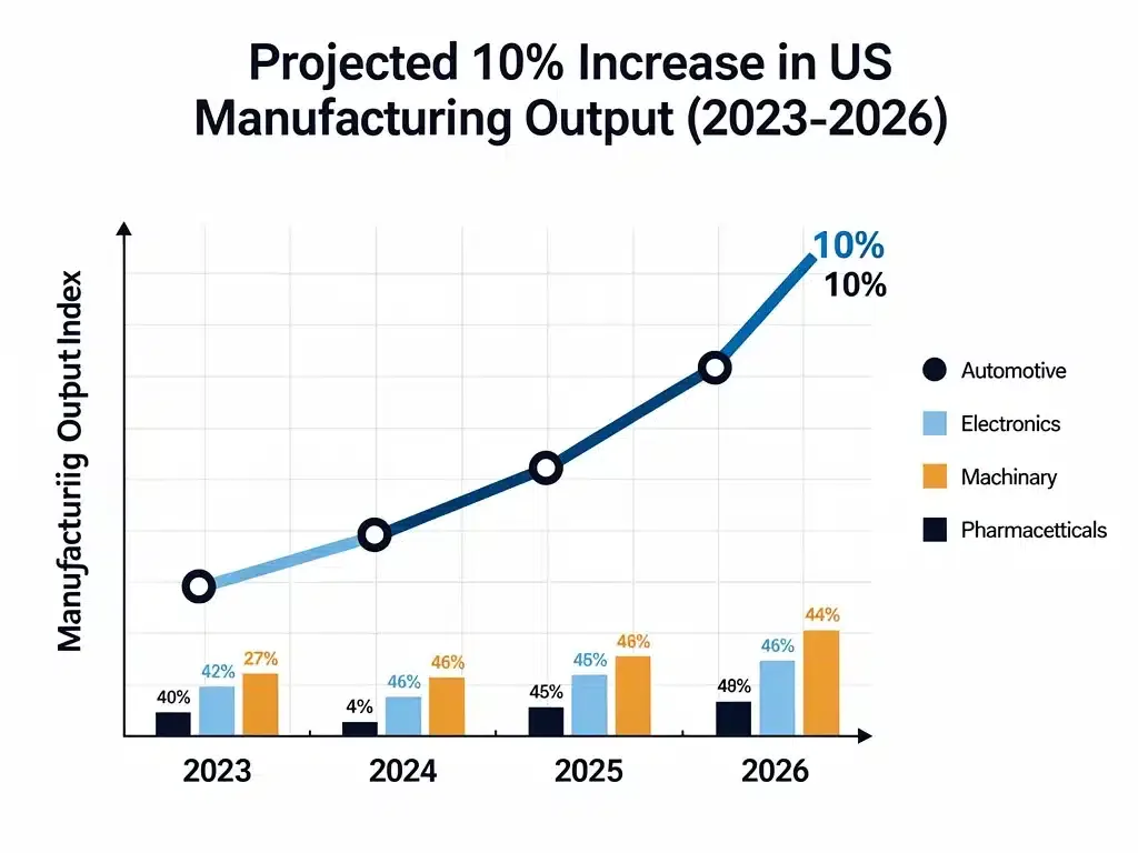 Graph showing a 10% increase in US manufacturing output projected for 2026, indicating economic growth.