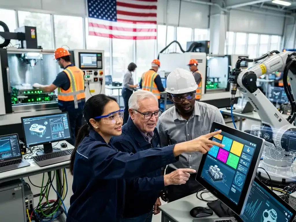 Diverse US manufacturing workforce collaborating in a high-tech environment, emphasizing skill and innovation.