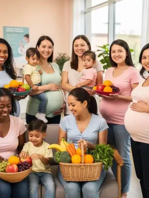 Diverse women and children with healthy food, representing WIC benefits