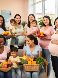 Diverse women and children with healthy food, representing WIC benefits