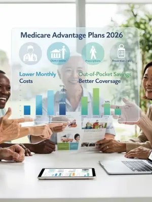 Seniors reviewing Medicare Advantage Plans 2026 documents with financial savings charts.