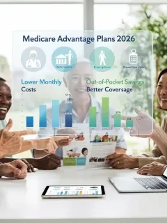 Seniors reviewing Medicare Advantage Plans 2026 documents with financial savings charts.