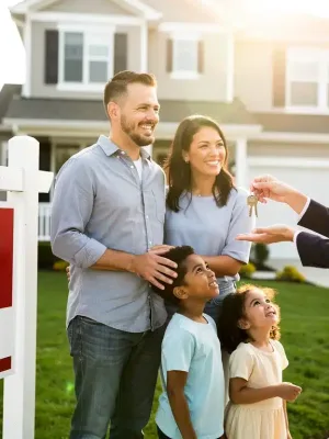 Family receiving keys to new home with real estate agent, representing homeownership success