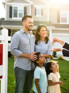 Family receiving keys to new home with real estate agent, representing homeownership success