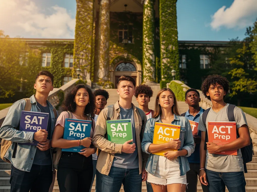 Students preparing for SAT and ACT in front of university