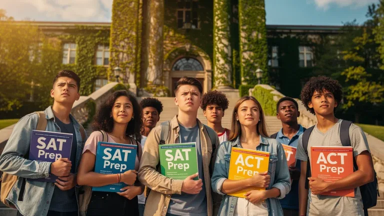 Students preparing for SAT and ACT in front of university