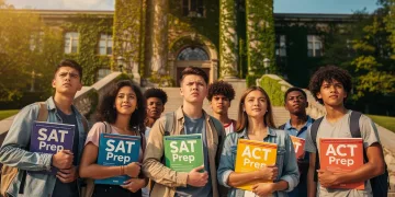 Students preparing for SAT and ACT in front of university