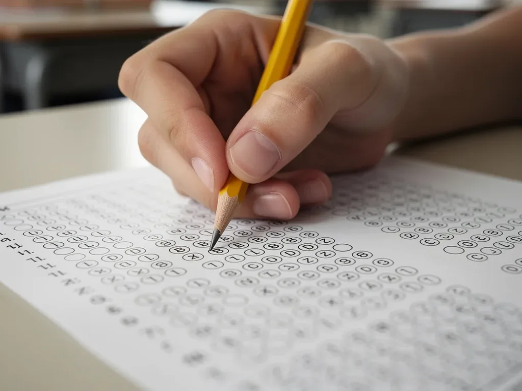 Student taking standardized test with pencil