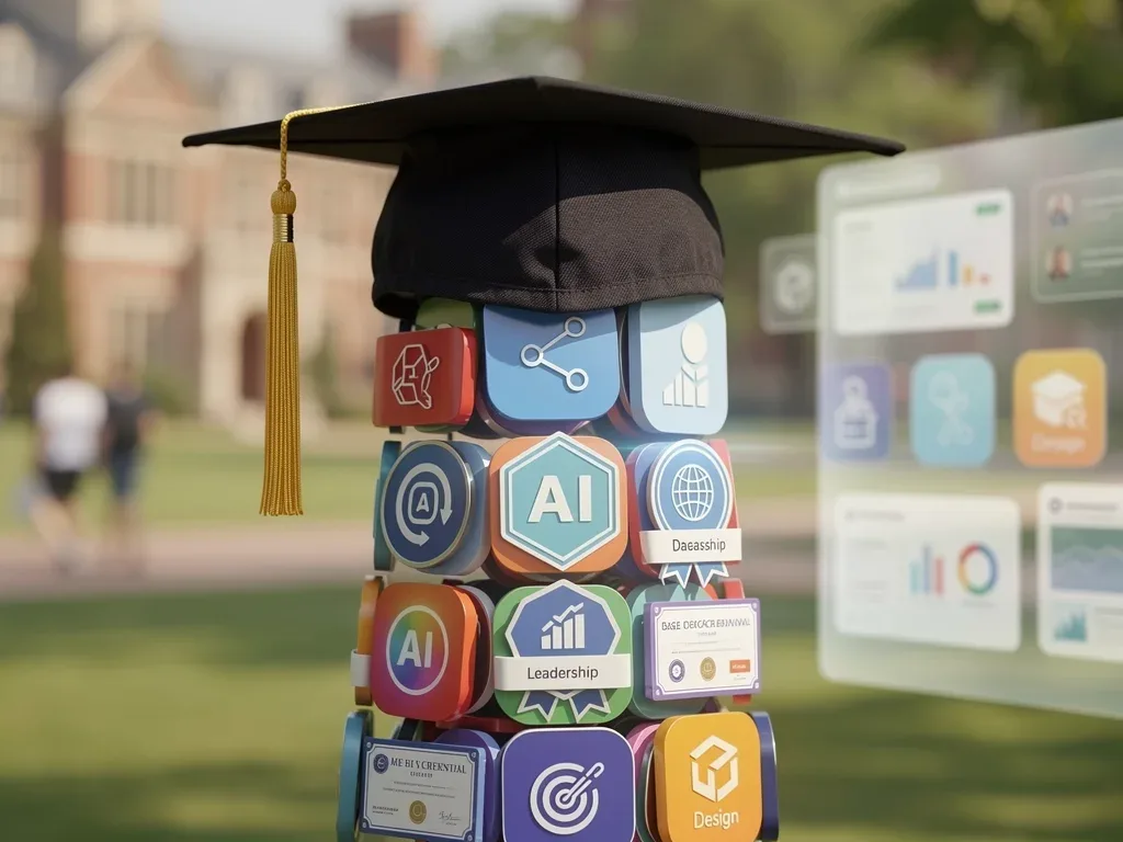 Micro-credential badges stacking up to form a master's degree, symbolizing academic progression.
