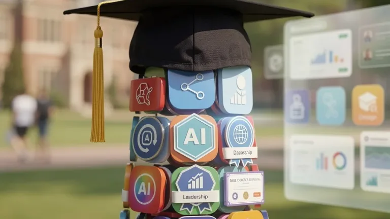 Micro-credential badges stacking up to form a master's degree, symbolizing academic progression.