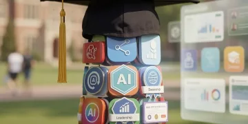Micro-credential badges stacking up to form a master's degree, symbolizing academic progression.