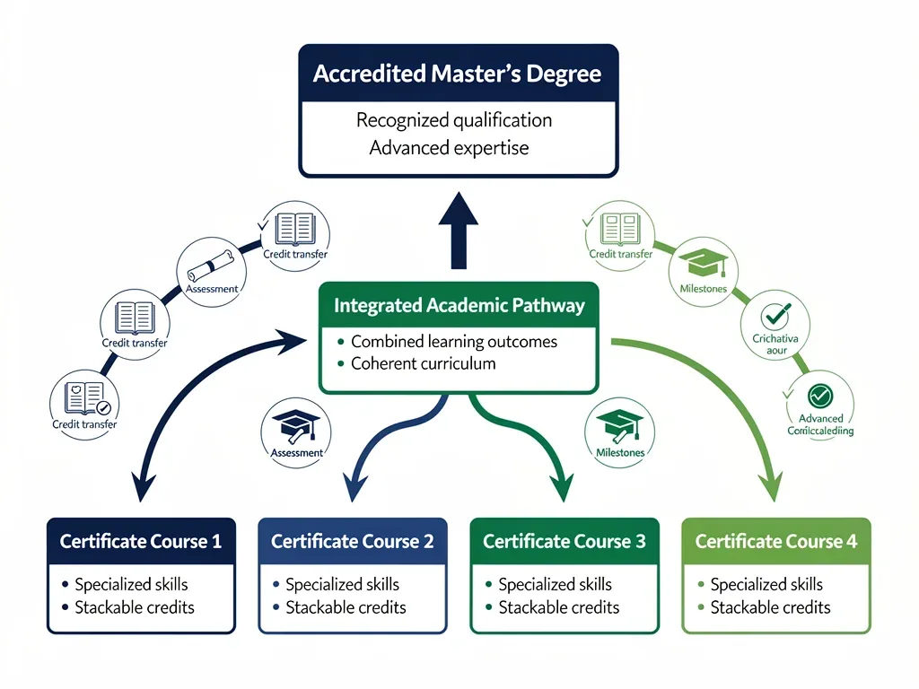 Diagram showing the pathway from four certificate courses to an accredited master's degree.