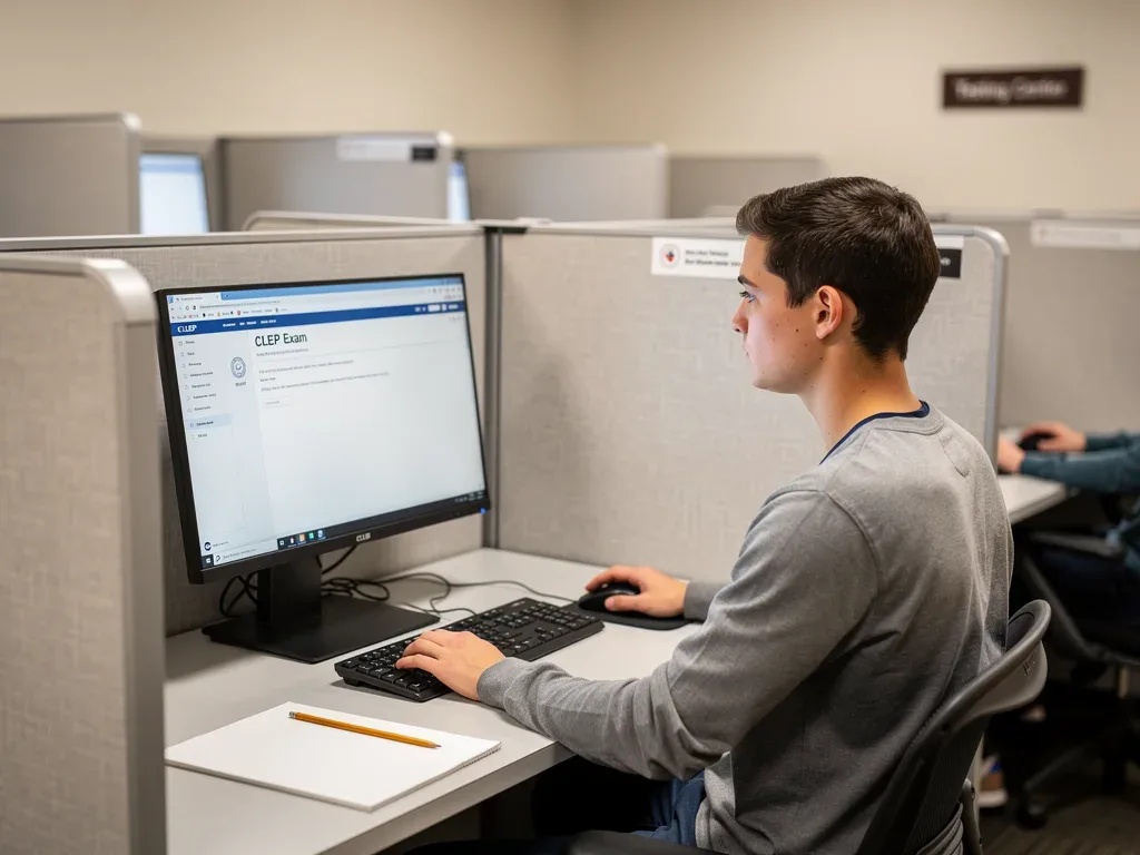 Student taking a CLEP examination in a testing center.