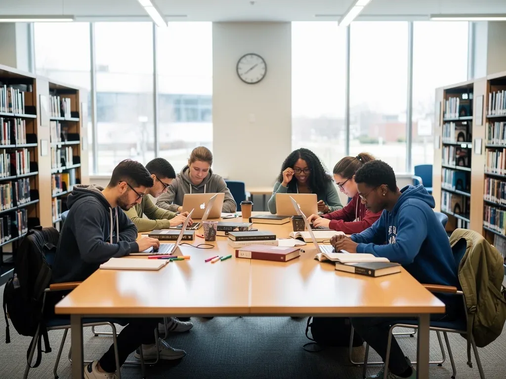 Students diligently studying in a modern library, symbolizing efficient learning paths.