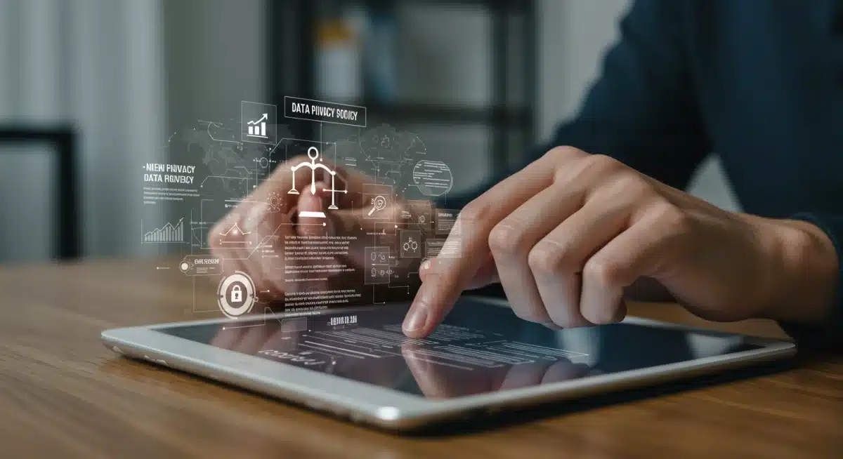 Individual reading new data privacy policy on a tablet for 2026 tech regulations