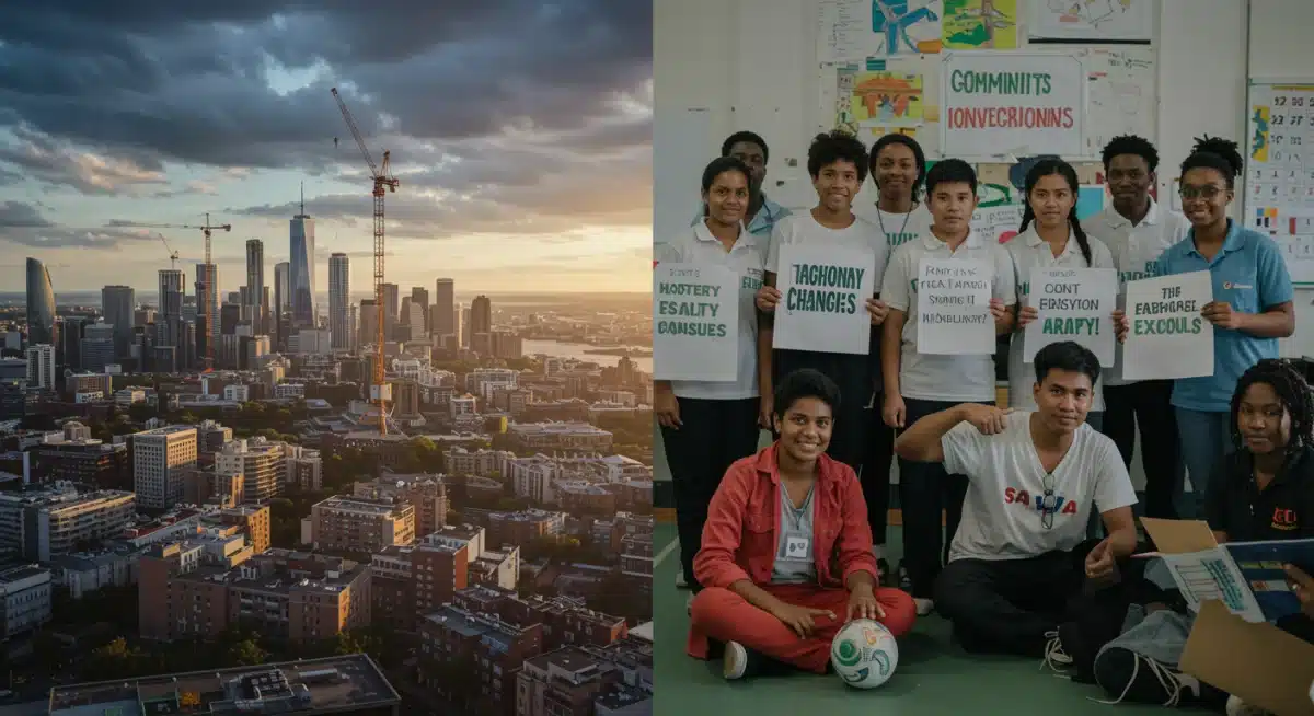 Cityscape representing economic innovation and diverse community engagement