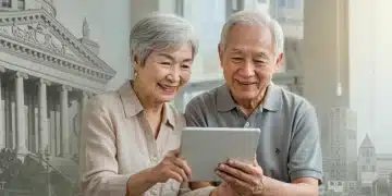 Smiling senior couple reviewing retirement finances on a tablet, symbolizing Social Security COLA impact.