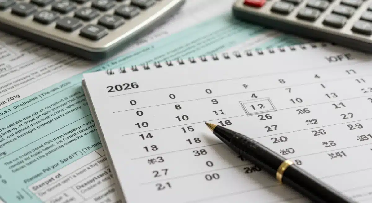 Calendar highlighting 2026 with tax documents, symbolizing upcoming tax deadlines and planning.