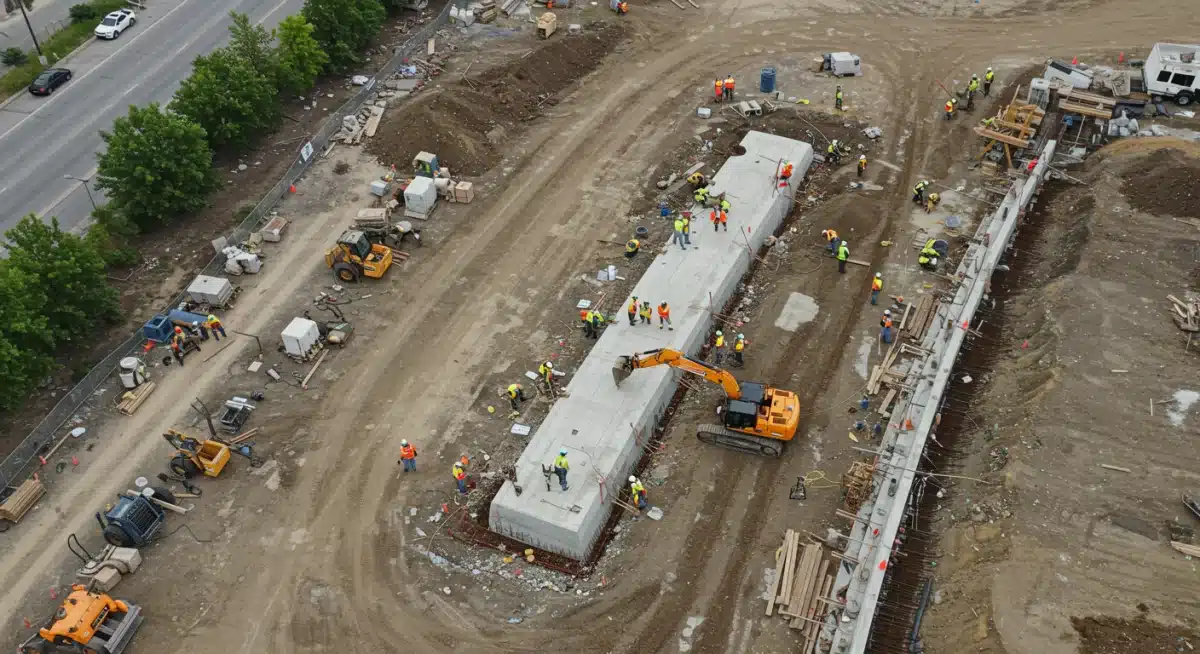 Aerial view of construction site with heavy machinery building a new bridge, representing infrastructure development.