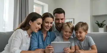 Happy family reviewing Child Tax Credit information on a tablet