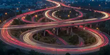 Modern highway interchange with flowing traffic at dusk, symbolizing advanced infrastructure and efficient national commutes.