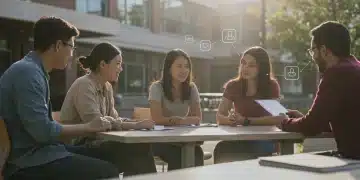 Students discussing mental health support on a US university campus