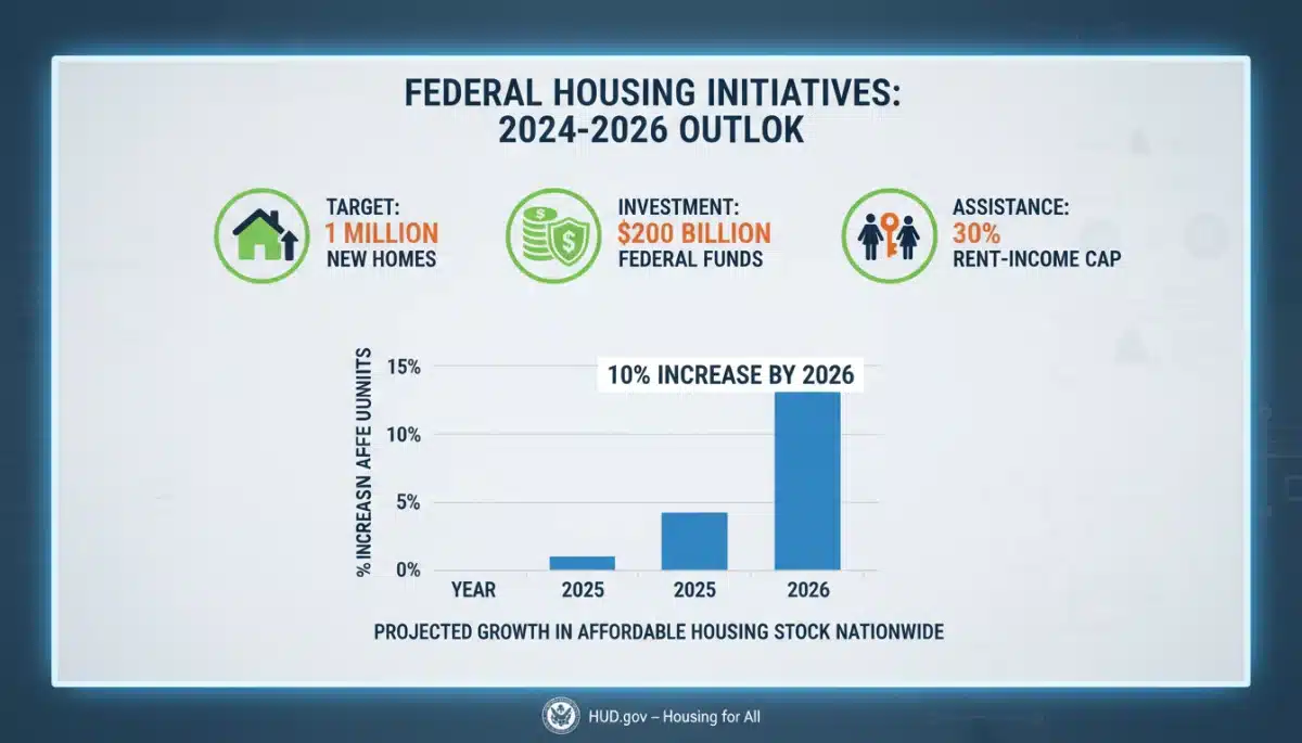 Infographic detailing targets and metrics of federal affordable housing programs.