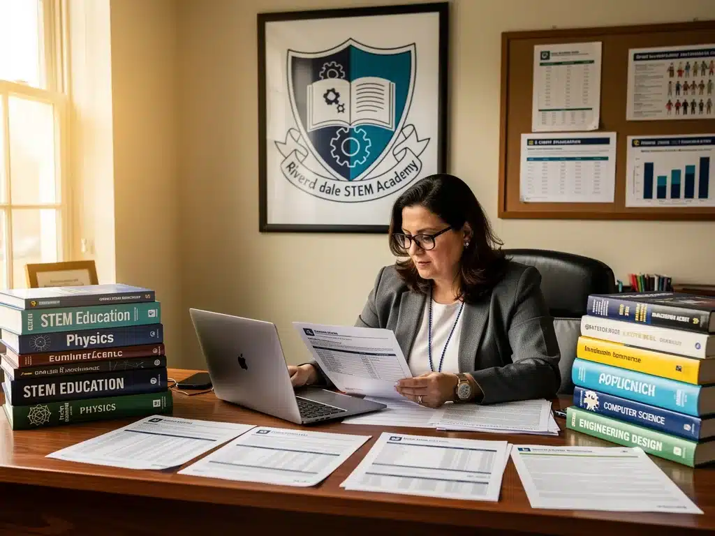 School administrator reviewing grant applications for STEM funding