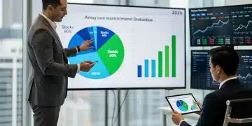 Financial advisor discussing 60/40 stock-bond portfolio allocation with a client