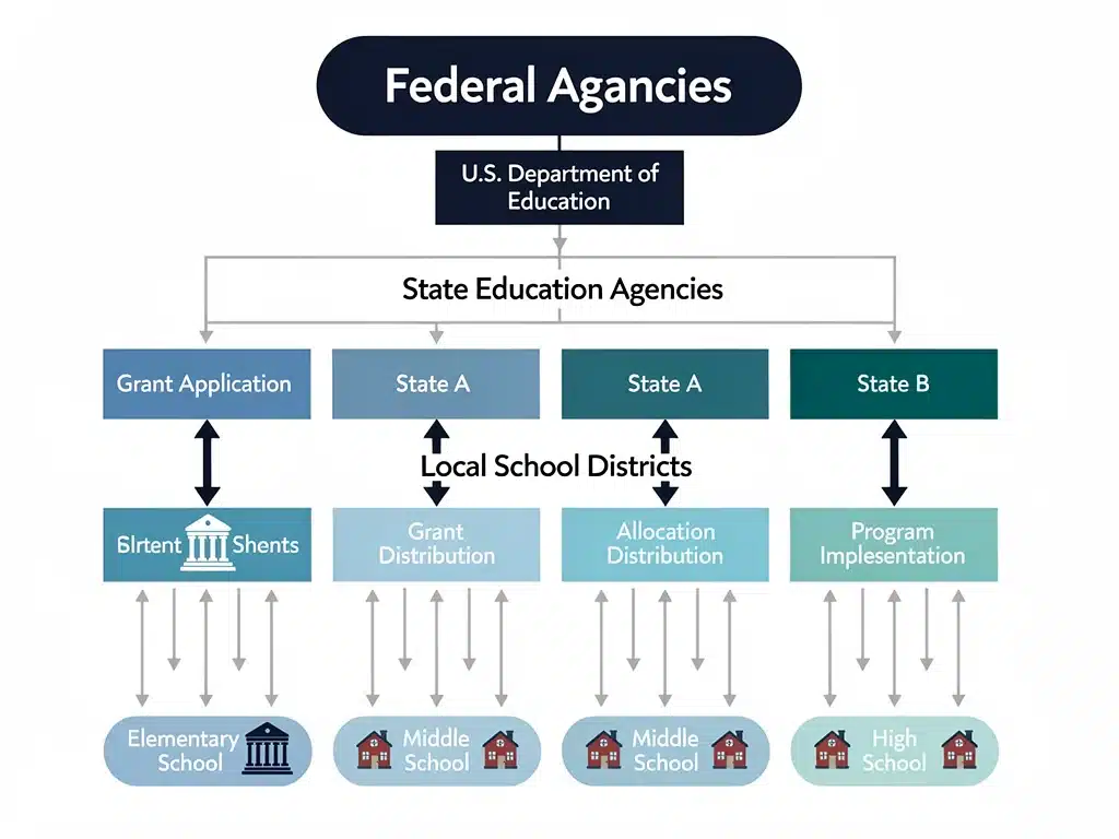Diagram showing grant funding flow from federal to local schools for STEM programs.